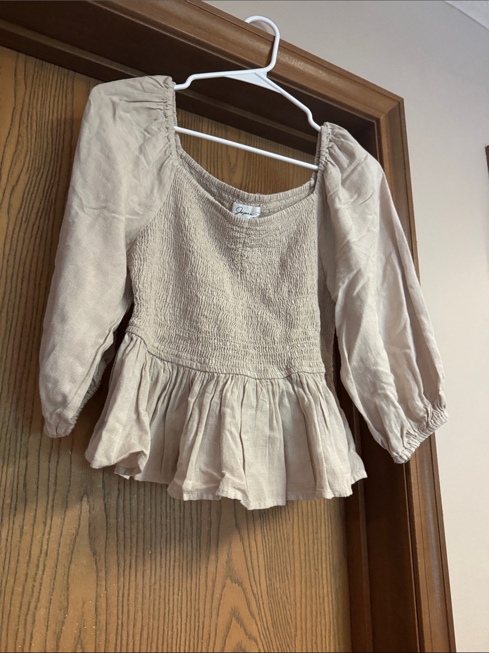 Japna Cream Smocked Peplum Blouse with Puff Sleeves